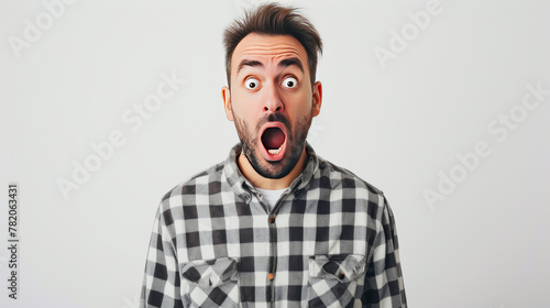 Man with shocked expression, soft lighting, stark white background, high texture clothing, and realistic tones, Startled man in everyday attire centered against a stark white backdrop 