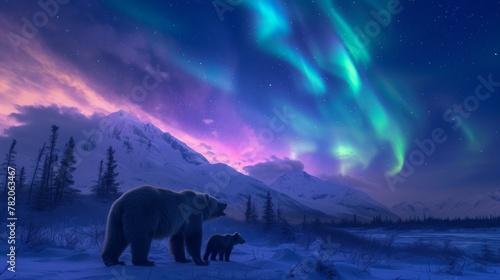 Grizzly bear with cubs in wild snow field with beautiful aurora northern lights in night sky with snow forest in winter.