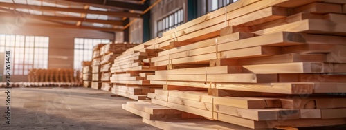 Stacked pine wood planks in a factory setting, showcasing the storage and organization of wooden materials - Concept of modern technology in timber processing and goods production
 photo