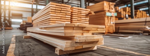 Pine wood planks in a factory setting, showcasing the storage and organization of wooden materials - Concept of modern technology in timber processing and goods production
