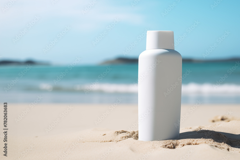 Sun cream white bottle placed on the beach sand with space for text Sun cream white bottle placed on the beach sand with space for text