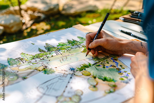 Fototapeta Naklejka Na Ścianę i Meble -  Female hand with pencil drawing landscape architect with copyspace