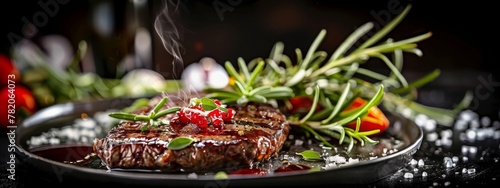 Succulent grilled beef steak with perfect sear marks, served on rustic plate against dark, elegant backdrop, exuding luxurious and gourmet dining experience.