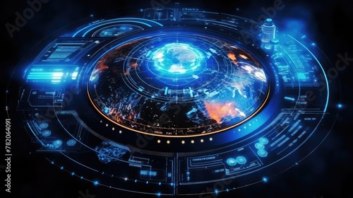 Computer management. The image of the earth. Virtual graphic interface, electronic lens, HUD element. Abstract, science, futuristic, energy. illustration