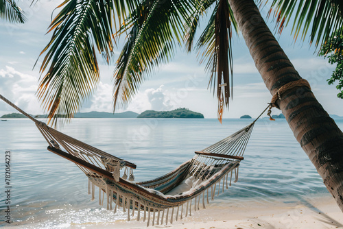 Hammock hanging on palm tree with blue sea view