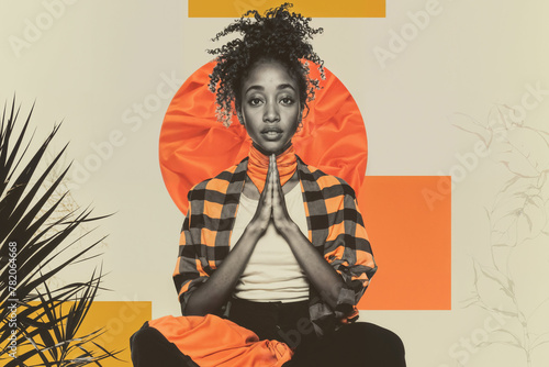 African American woman practicing yoga in a vibrant graphic collage style, integrating modern art with meditation and mindfulness photo