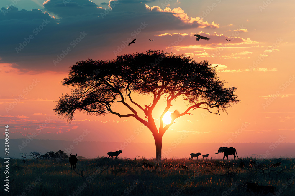 Panorama silhouette tree in africa with animals