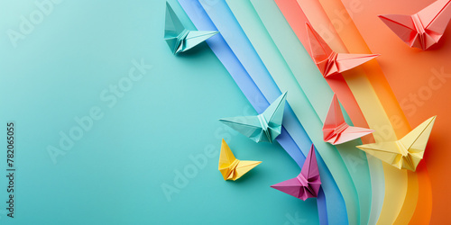 Multicolor origami butterflies on colorful background with copy space photo