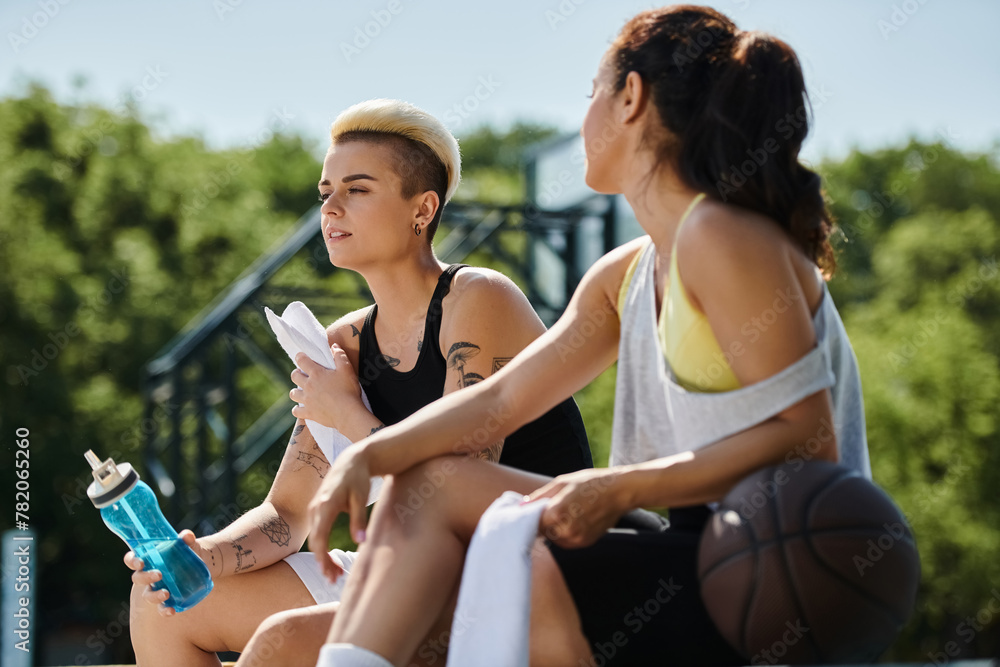 Two young women sitting together on the basketball court, taking a break from playing, showing camaraderie and friendship. Two young women sitting together on the basketball court, taking a break from playing, showing camaraderie and friendship.