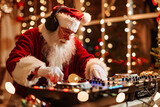 Santa claus dj playing music on turntable in the party with bokeh background