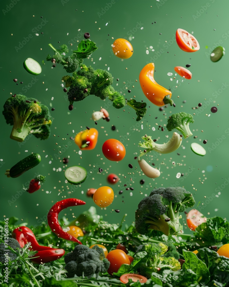 A mix of different vegetables and spices in the air on a green background A mix of different vegetables and spices in the air on a green background