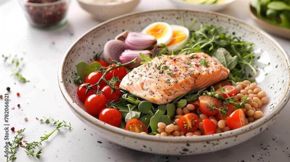 A plate of salmon steak, beans and boiled eggs garnished with green salad and tomatoes. Keto concept A plate of salmon steak, beans and boiled eggs garnished with green salad and tomatoes. Keto concept