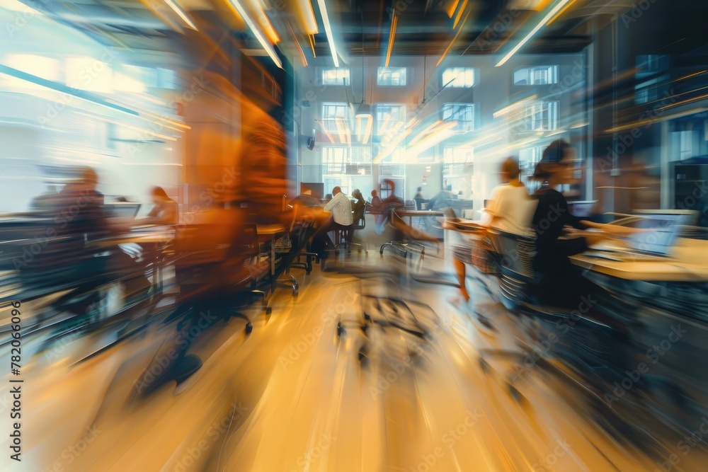 Motion blur captures the dynamic atmosphere in a bustling co-working space filled with professionals and entrepreneurs