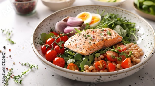 A plate of salmon steak, beans and boiled eggs garnished with green salad and tomatoes. Keto concept