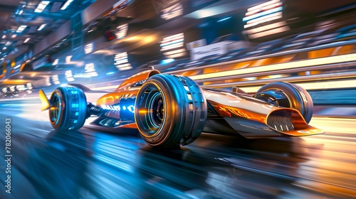 High-speed futuristic race car zooming on a neon-lit track. A dynamic and sleek design symbolizing speed and competition. Ideal for sports and technology themes. AI photo