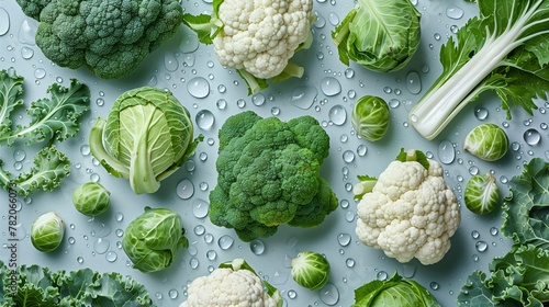 Composition of different types of cabbage with water drops on a blue background, flat lay, top view