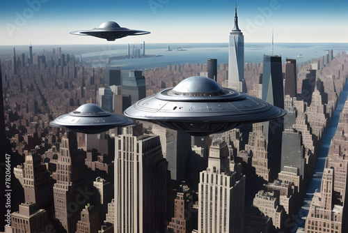 Alien spaceship invasion force flying over generic cityscape.  Generative AI