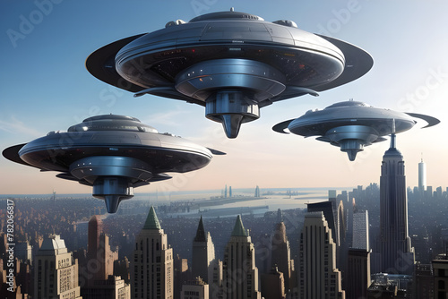 Alien spaceship invasion force flying over generic cityscape.  Generative AI