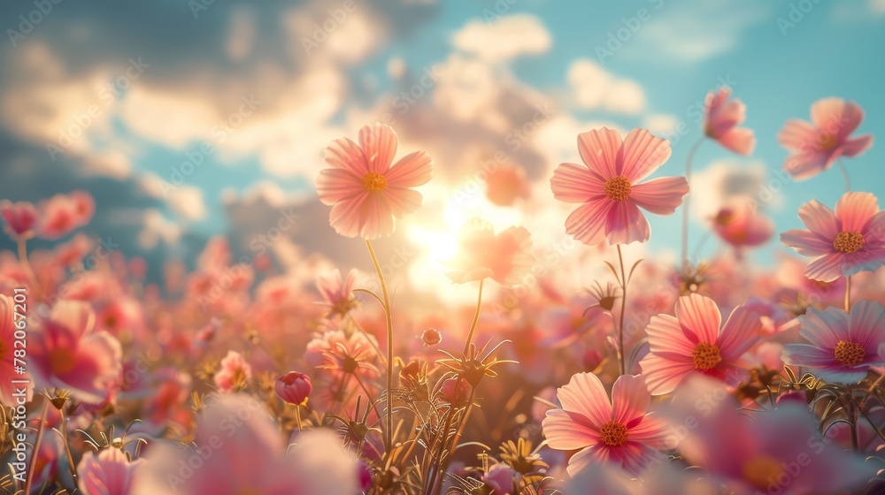 Vibrant Pink Floral Field Under Sunny Skies Generative AI