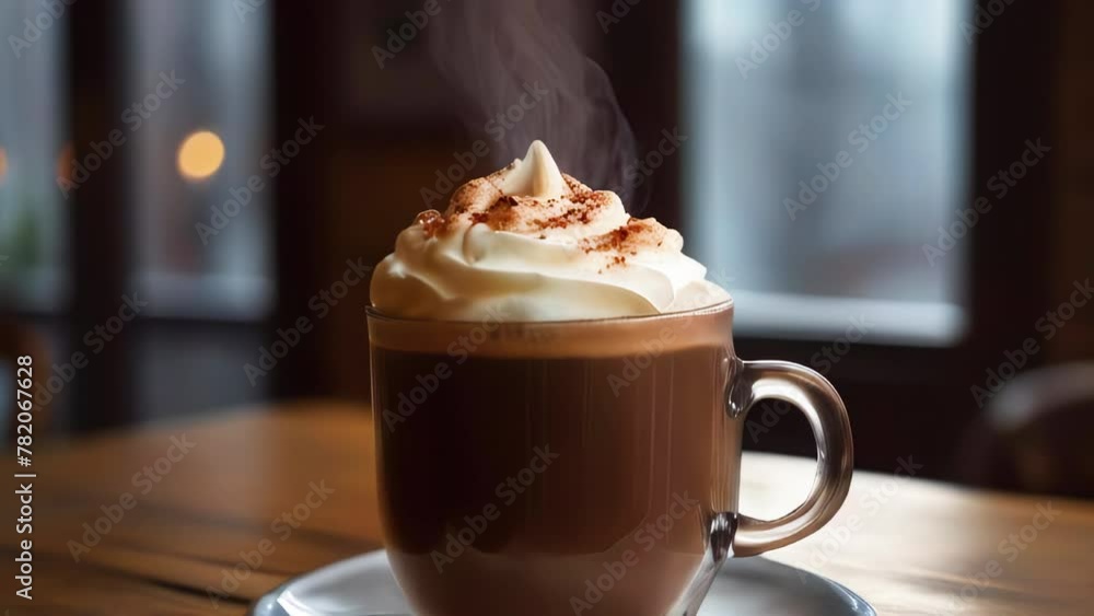 Transparent cup of hot coffee decorated with cream and sprinkled with cinnamon. Push-in shot of hot, invigorating drink with rising steam standing on table in cozy coffee shop. Transparent cup of hot coffee decorated with cream and sprinkled with cinnamon. Push-in shot of hot, invigorating drink with rising steam standing on table in cozy coffee shop.