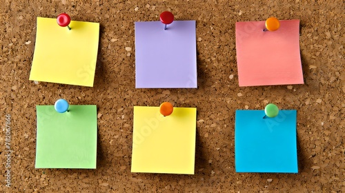 Colorful sticky notes pinned on a cork board. Organizational tools for office or study. Simple and effective way to remember tasks. Vivid reminder notes. AI