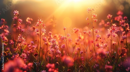 Vibrant Wildflowers Dancing in Sunlit Meadow on Warm Summer Evening Generative AI © Alexander