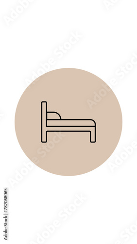 bed icon in flat design, black outline vector illustration on round beige background