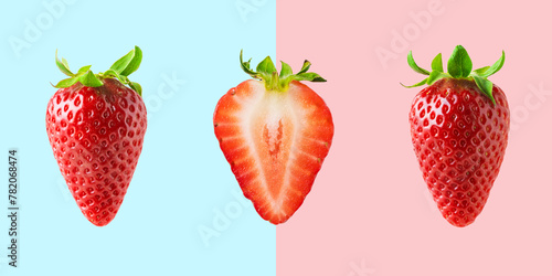 Different strawberries on bright background. Minimal food concept.