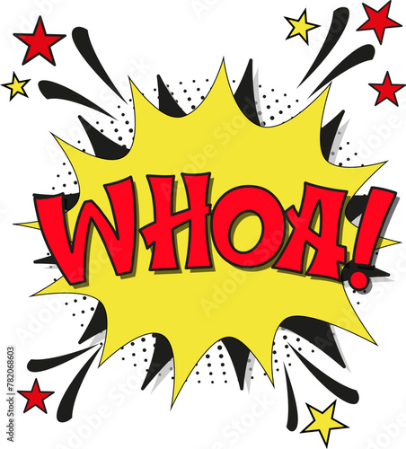 Comic lettering whoa. Vector bright cartoon illustration in retro pop art style. Comic text sound effects. EPS 10.	