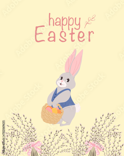 Cute Easter bunny with a basket full of eggs. Cartoon hand drawn postcard. Isolated holiday design element. Happy Easter title. Pussy willow frame. 