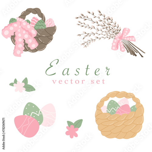 Easter set with vector illustrations. Baskets full of easter eggs, pussy willow bouquet, colorful eggs and flowers. Cartoon hand drawn style. Minimalistic. Isolated holiday design element.  