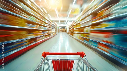 Shopping cart speeds through supermarket aisles, motion blur captures the rush. Dynamic retail shopping spree. Vibrant consumerism scene. AI photo