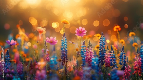 Vibrant Summer Meadow with Sunrays and Bokeh Lights Generative AI