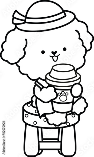 a vector of a brown poodle with a cup of coffee in black and white coloring © Inkley
