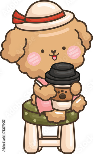 a vector of a brown poodles with a cup of coffee © Inkley