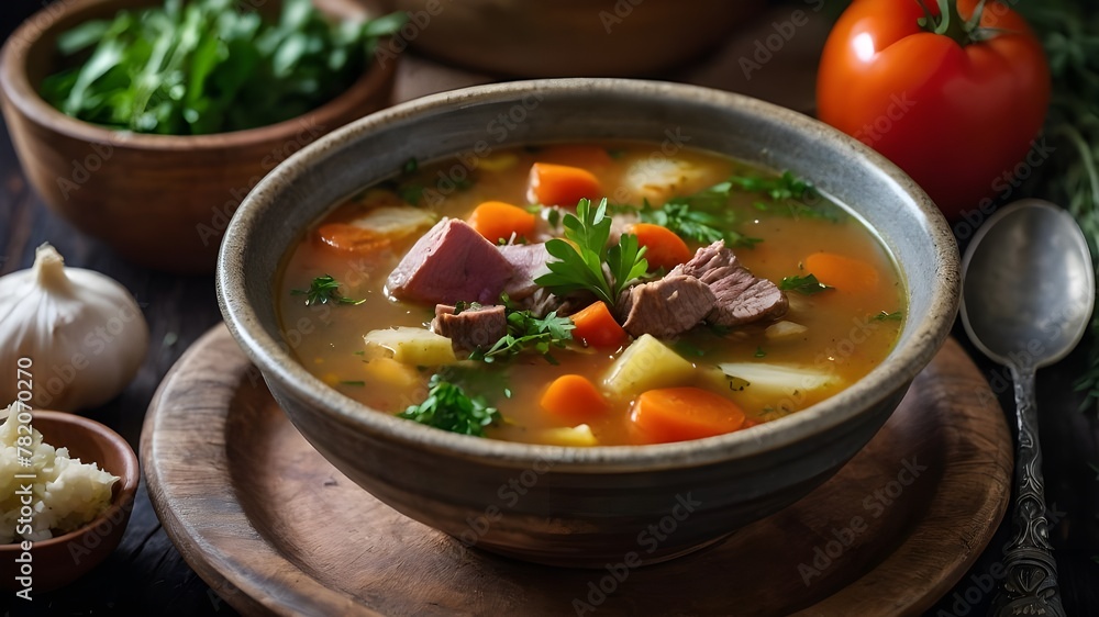 A steaming bowl of hearty homemade soup, filled with colorful vegetables, tender meats, and aromatic herbs, served in a rustic bowl.