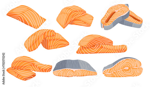 Salmon meat illustration vector bundle. Red fish salmon for sushi food menu vector illustration. Set of sliced pieces of salmon photo