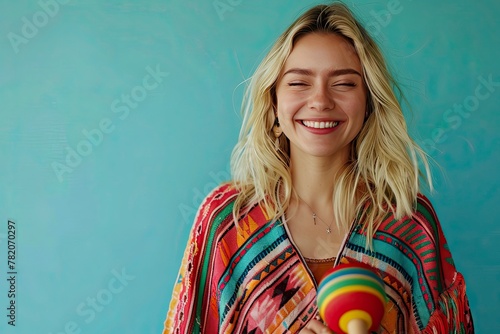 Beautiful caucasian blonde woman wearing festive mexican poncho and maracas winking looking at the camera with sexy expression, cheerful and happy face with copy space with generative ai