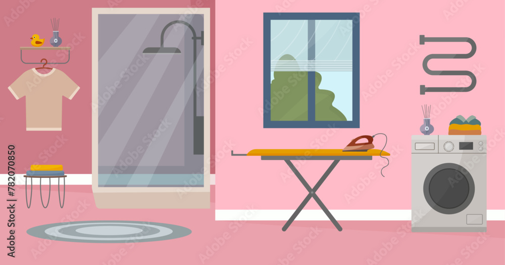 Fototapeta premium Bathroom interior, modern bathroom with shower, washing machine, ironing board and window. Vector illustration in flat style. Interior concept. Home and interior decor.