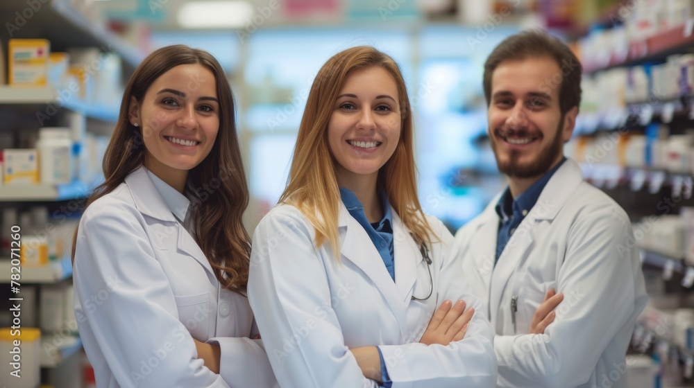 Portrait of a group of smiling pharmacist in a drug store Portrait of a group of smiling pharmacist in a drug store