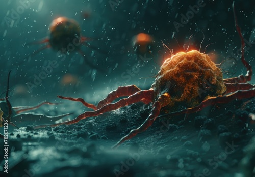 A dramatic visualization of a cancer cell with extending tentacles, battling within a stormy, hostile cellular environment.