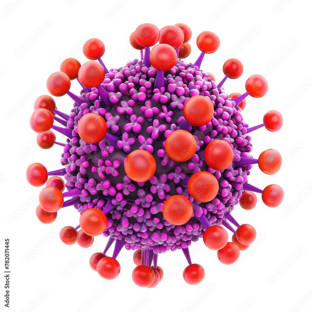 A detailed virus model with prominent red glycoproteins on a purple base, representing the complexity of viral anatomy. A detailed virus model with prominent red glycoproteins on a purple base, representing the complexity of viral anatomy.