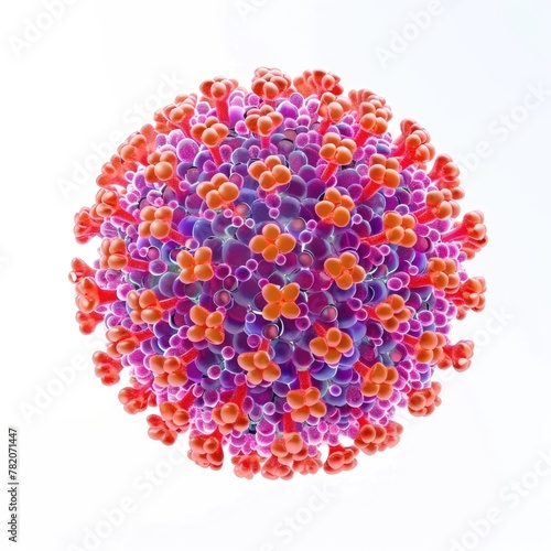 A striking image of a multicolored spherical virus structure, emphasizing the variety of proteins on its outer layer.