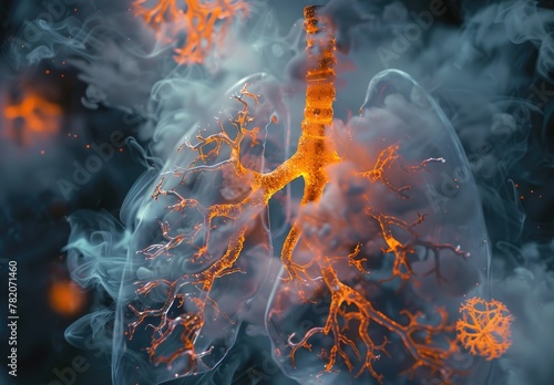 Artistic rendering of neuronal activation and signaling pathways, with orange hues highlighting the transmission process. photo