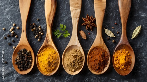 Assortment of spices in wooden spoons on a dark slate background. Culinary arts and flavoring ingredients. Top view of kitchen essentials for cooking. Vibrant colors and textures. AI