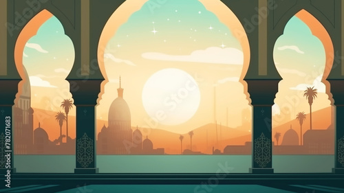 islamic background with arabic pattern, mosque silhouette against the background of the setting sun. Template for inserting text, design. photo