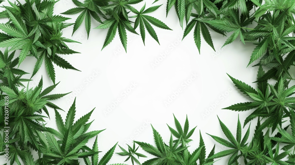Cannabis plant leaves frame over plain background.