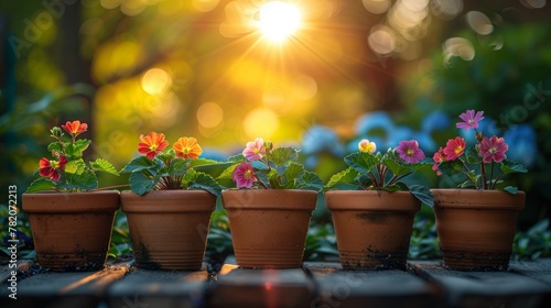 Vibrant Gardening Scenery with Flowerpots and Sunshine Generative AI