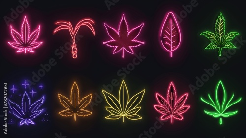 Collection of neon sign of cannabis over black background. © rabbit75_fot