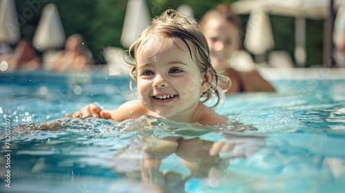 A joyful little girl swims in a pool, accompanied by her loving mom, creating precious memories of summer fun © Ajay